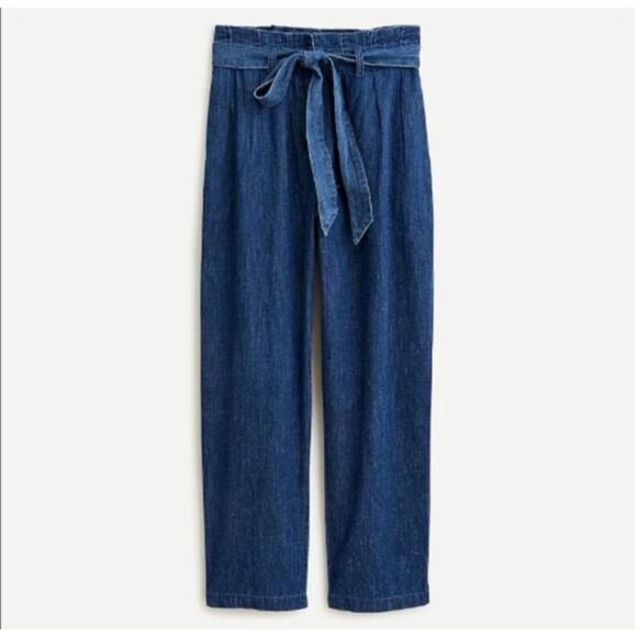 J Crew Chambray Paper Bag Jeans Tie Waist Relaxed Crop Wide Leg Cotton Hemp 0 - Picture 2 of 10